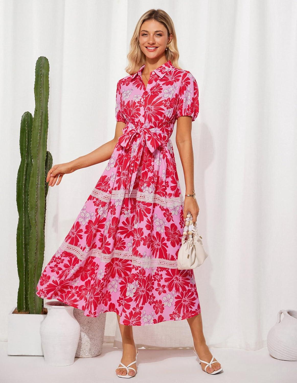 imageGRACE KARIN Womens 2026 Summer Floral Flowy Dresses Boho Tie Belt Short Puff Sleeve A Line Maxi Shirt Dress with PocketPink Red