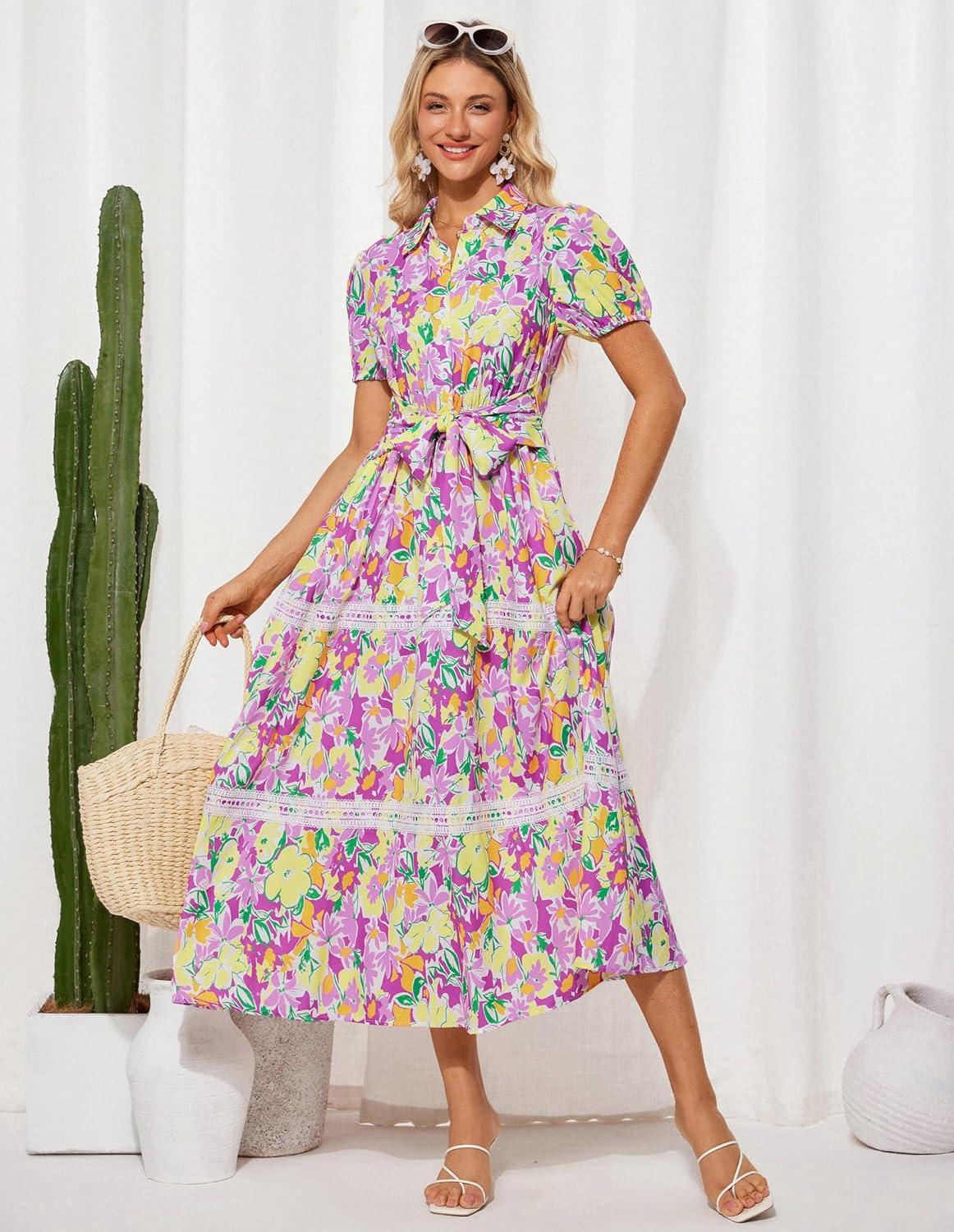 imageGRACE KARIN Womens 2026 Summer Floral Flowy Dresses Boho Tie Belt Short Puff Sleeve A Line Maxi Shirt Dress with PocketPurple Yellow
