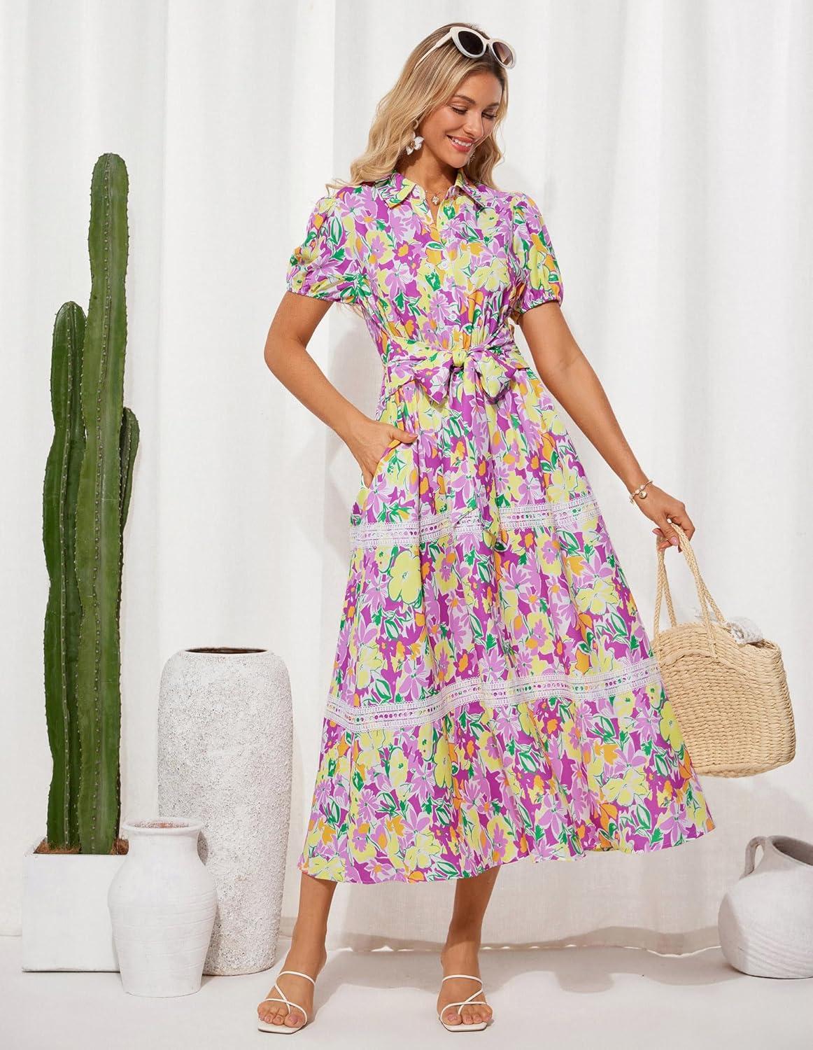 imageGRACE KARIN Womens 2026 Summer Floral Flowy Dresses Boho Tie Belt Short Puff Sleeve A Line Maxi Shirt Dress with PocketPurple Yellow