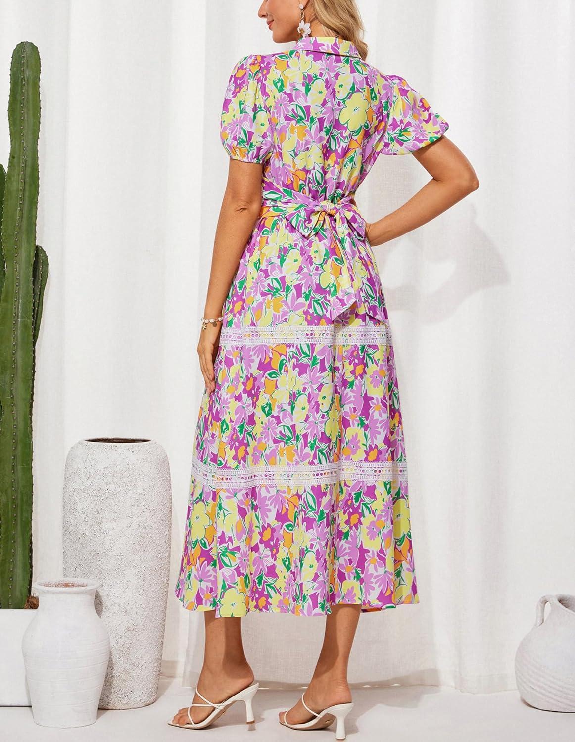 imageGRACE KARIN Womens 2026 Summer Floral Flowy Dresses Boho Tie Belt Short Puff Sleeve A Line Maxi Shirt Dress with PocketPurple Yellow