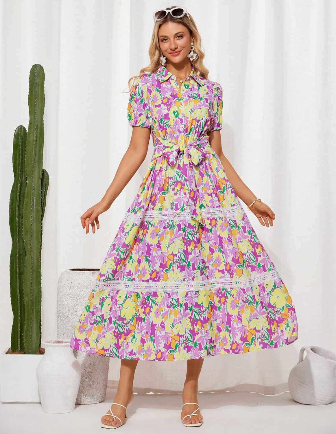 imageGRACE KARIN Womens 2026 Summer Floral Flowy Dresses Boho Tie Belt Short Puff Sleeve A Line Maxi Shirt Dress with PocketPurple Yellow