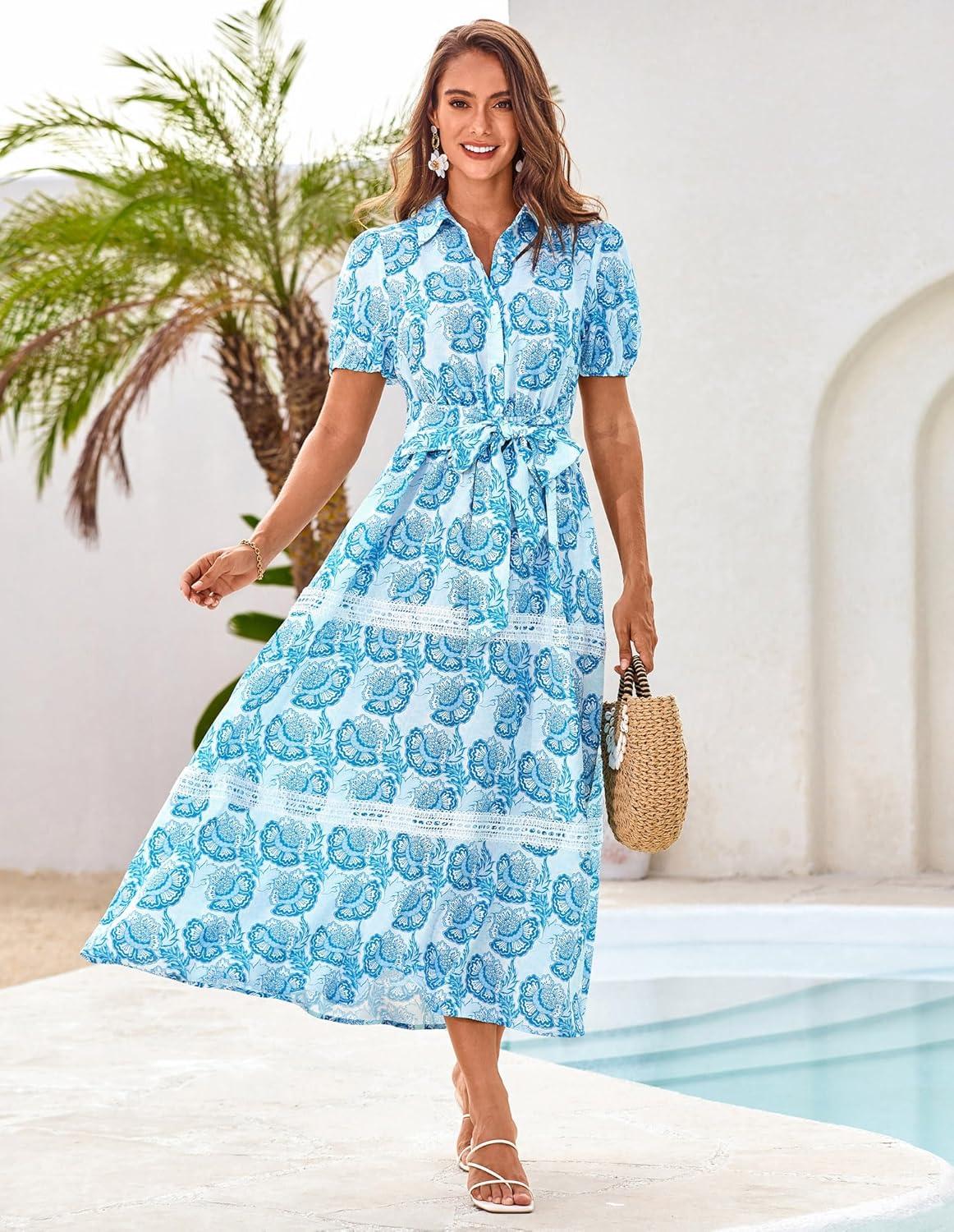 imageGRACE KARIN Womens 2026 Summer Floral Flowy Dresses Boho Tie Belt Short Puff Sleeve A Line Maxi Shirt Dress with PocketWhite Blue