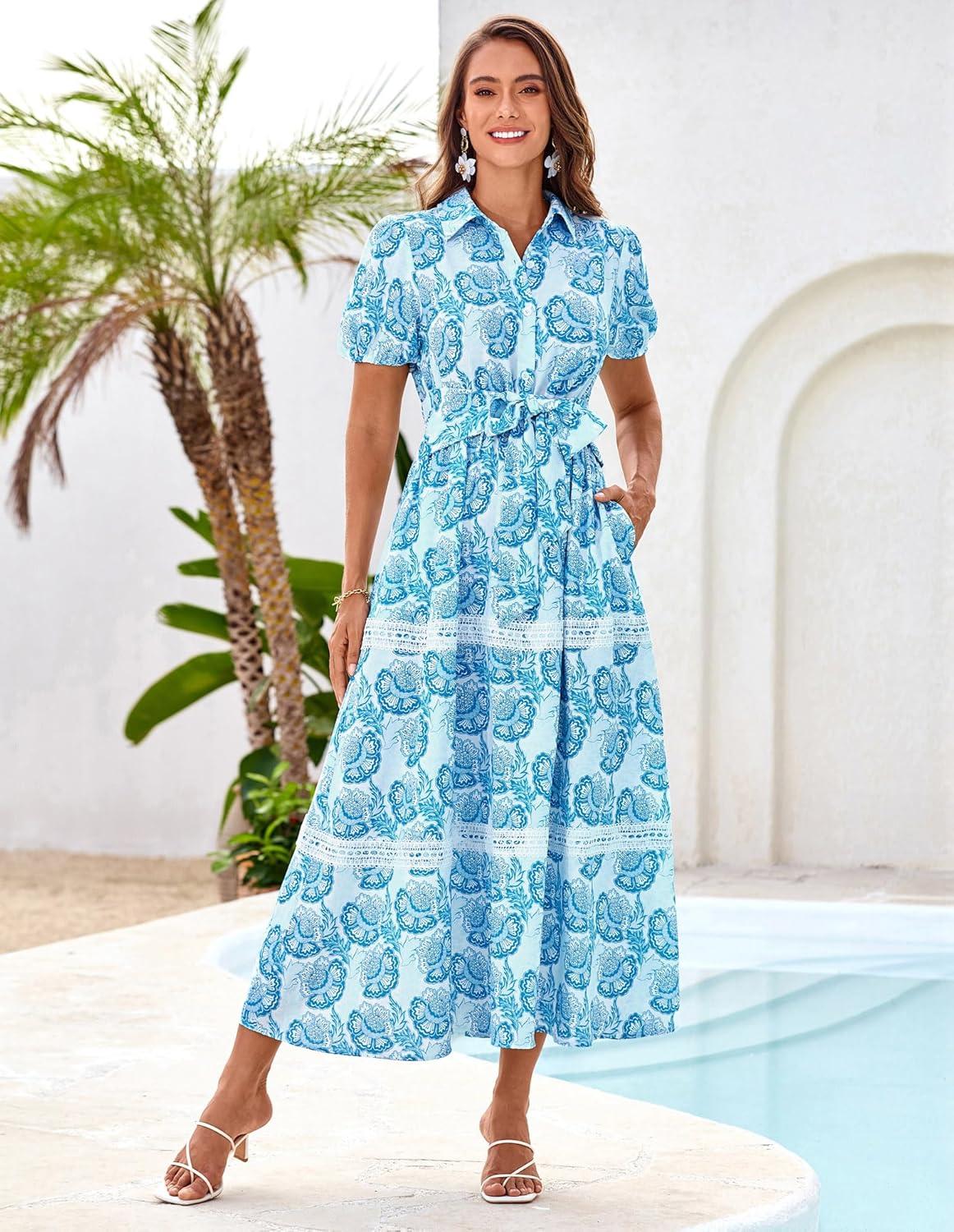 imageGRACE KARIN Womens 2026 Summer Floral Flowy Dresses Boho Tie Belt Short Puff Sleeve A Line Maxi Shirt Dress with PocketWhite Blue