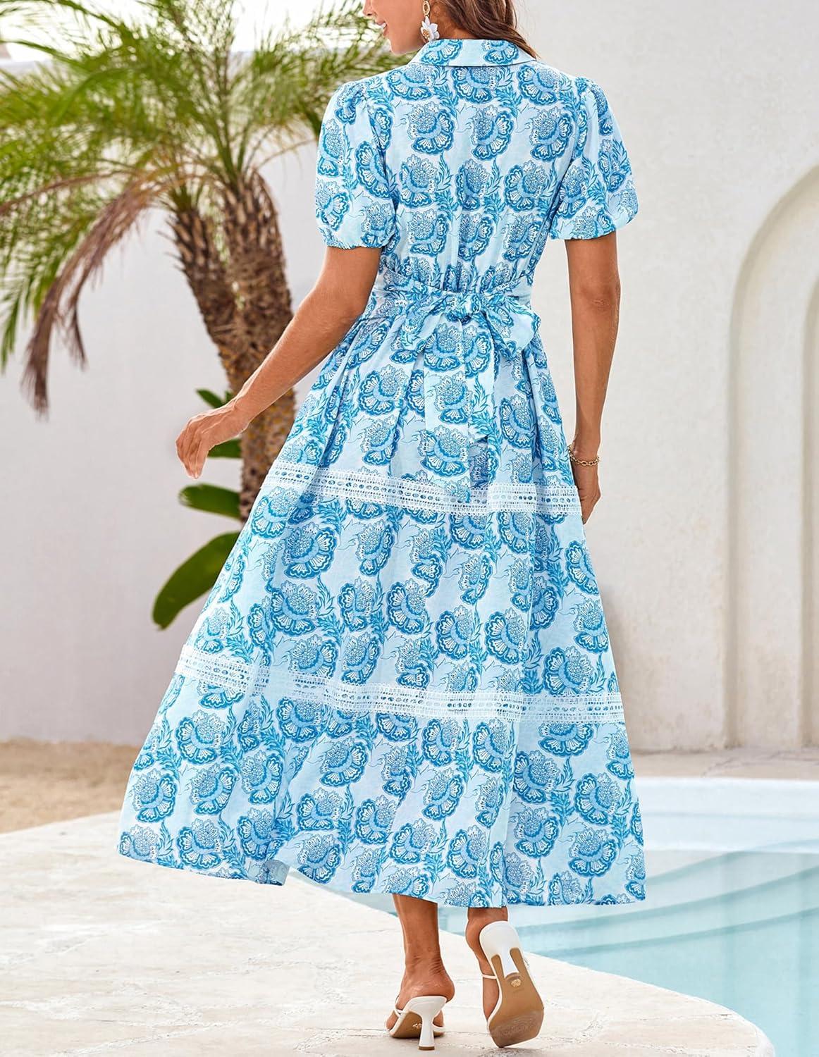 imageGRACE KARIN Womens 2026 Summer Floral Flowy Dresses Boho Tie Belt Short Puff Sleeve A Line Maxi Shirt Dress with PocketWhite Blue