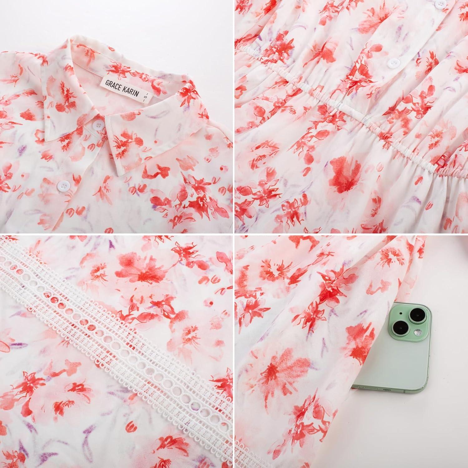 imageGRACE KARIN Womens 2026 Summer Floral Flowy Dresses Boho Tie Belt Short Puff Sleeve A Line Maxi Shirt Dress with PocketWhite Pink
