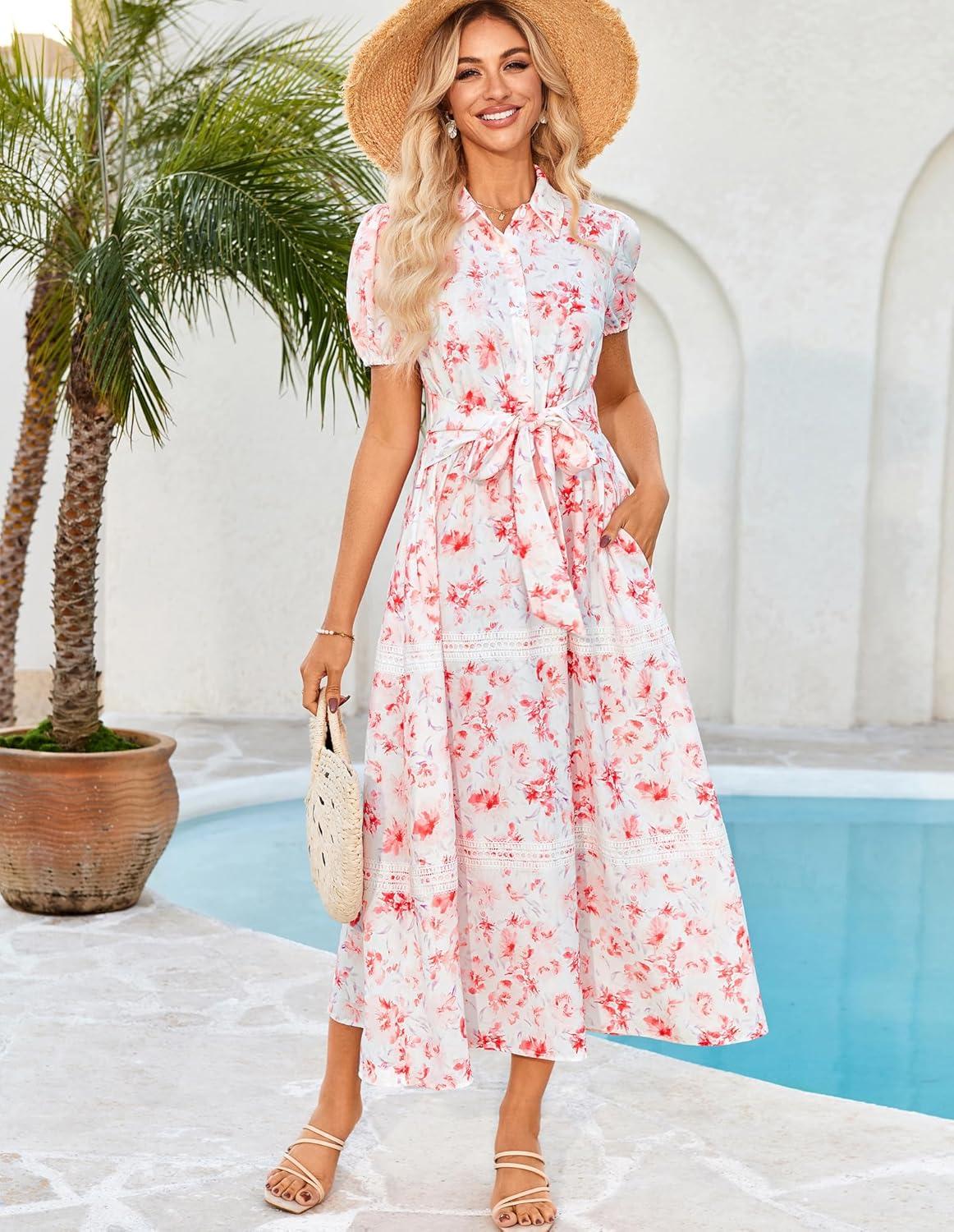 imageGRACE KARIN Womens 2026 Summer Floral Flowy Dresses Boho Tie Belt Short Puff Sleeve A Line Maxi Shirt Dress with PocketWhite Pink