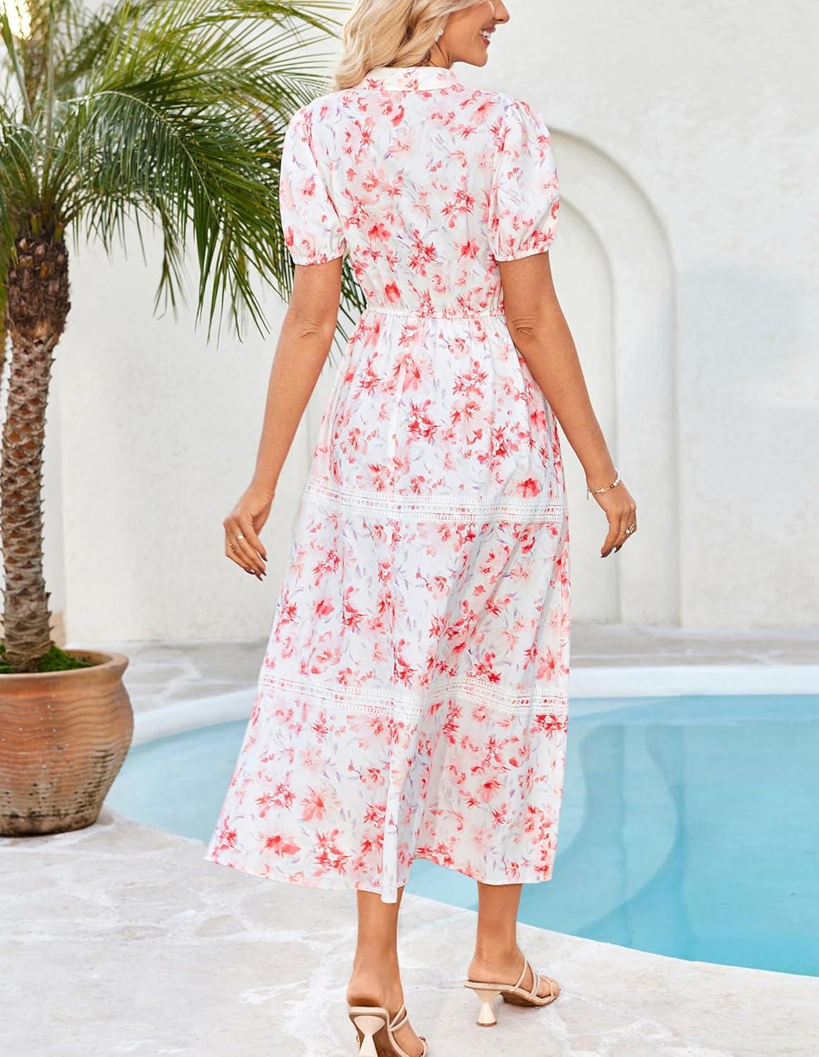imageGRACE KARIN Womens 2026 Summer Floral Flowy Dresses Boho Tie Belt Short Puff Sleeve A Line Maxi Shirt Dress with PocketWhite Pink