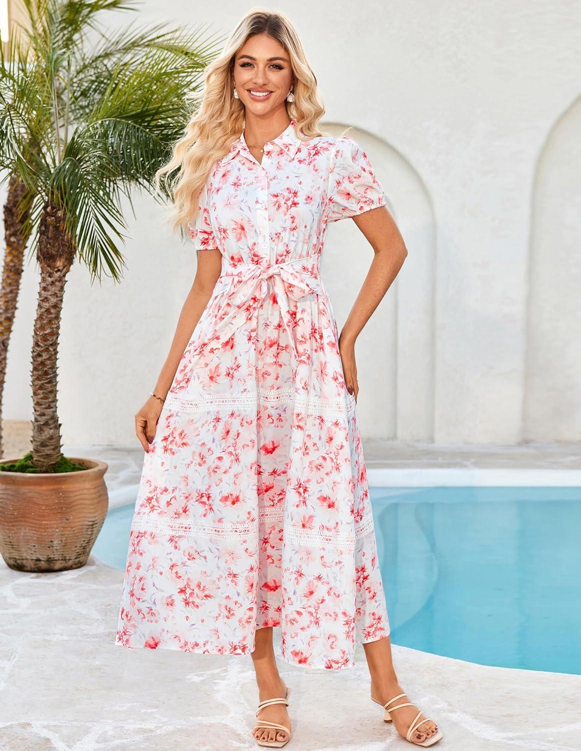 imageGRACE KARIN Womens 2026 Summer Floral Flowy Dresses Boho Tie Belt Short Puff Sleeve A Line Maxi Shirt Dress with PocketWhite Pink