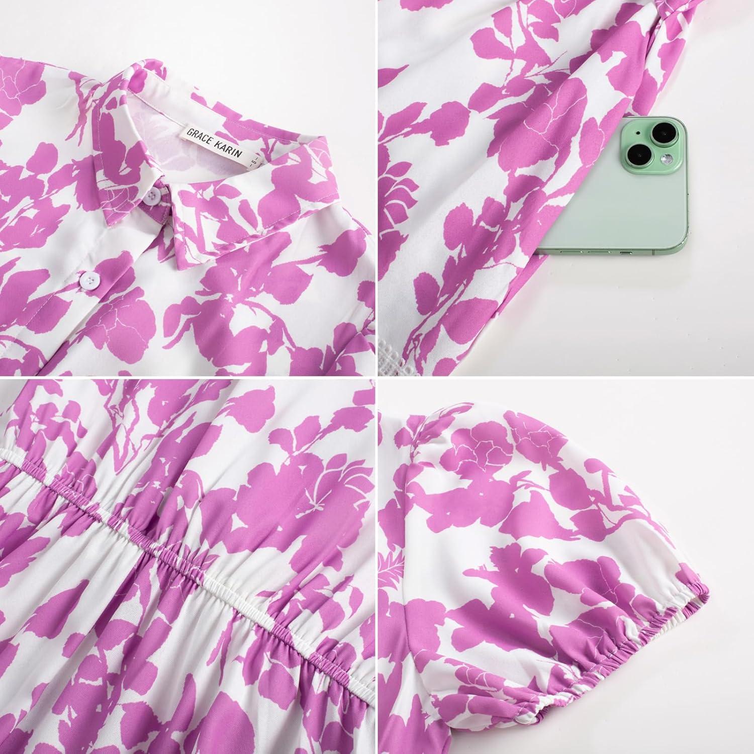 imageGRACE KARIN Womens 2026 Summer Floral Flowy Dresses Boho Tie Belt Short Puff Sleeve A Line Maxi Shirt Dress with PocketWhite Purple