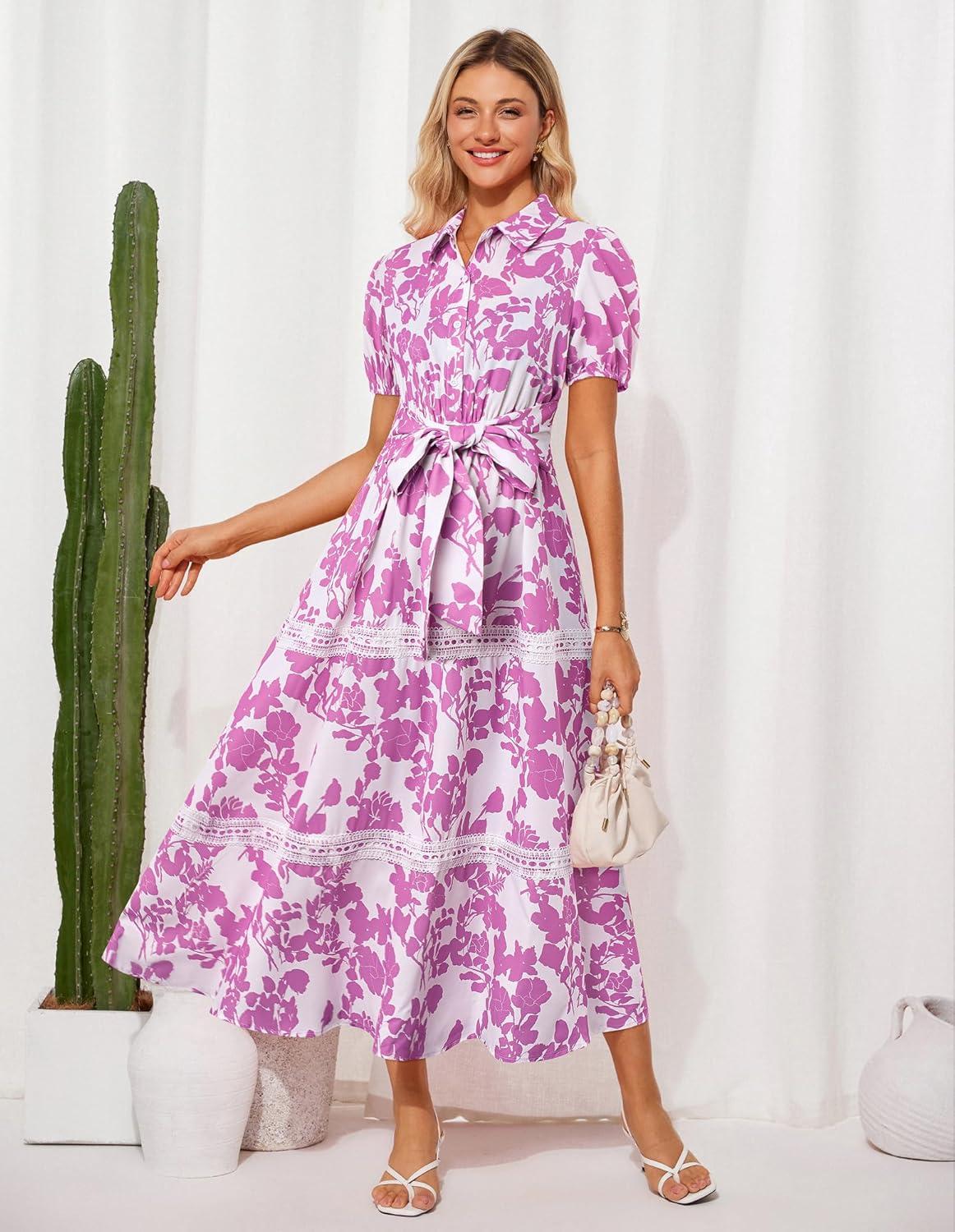 imageGRACE KARIN Womens 2026 Summer Floral Flowy Dresses Boho Tie Belt Short Puff Sleeve A Line Maxi Shirt Dress with PocketWhite Purple