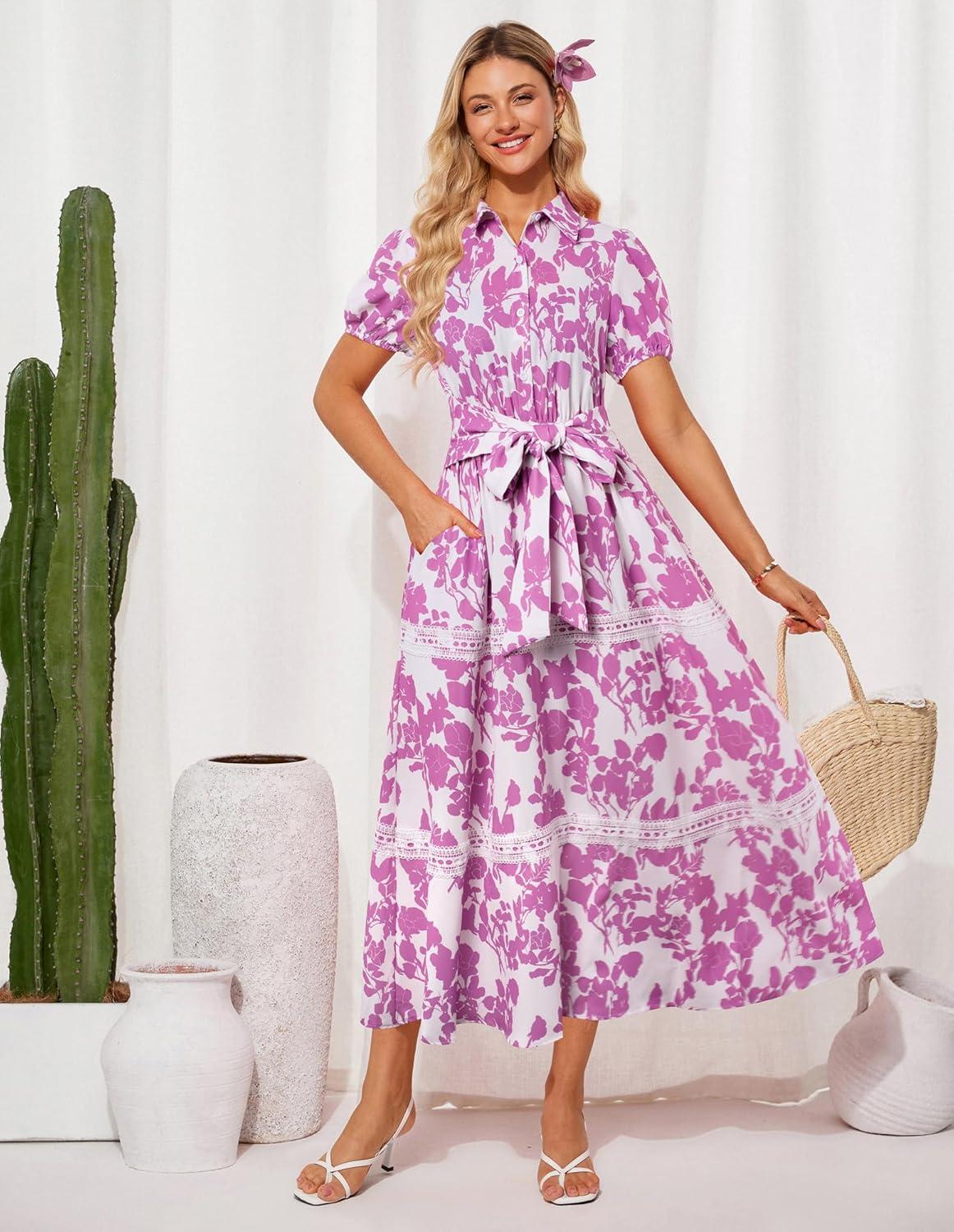 imageGRACE KARIN Womens 2026 Summer Floral Flowy Dresses Boho Tie Belt Short Puff Sleeve A Line Maxi Shirt Dress with PocketWhite Purple