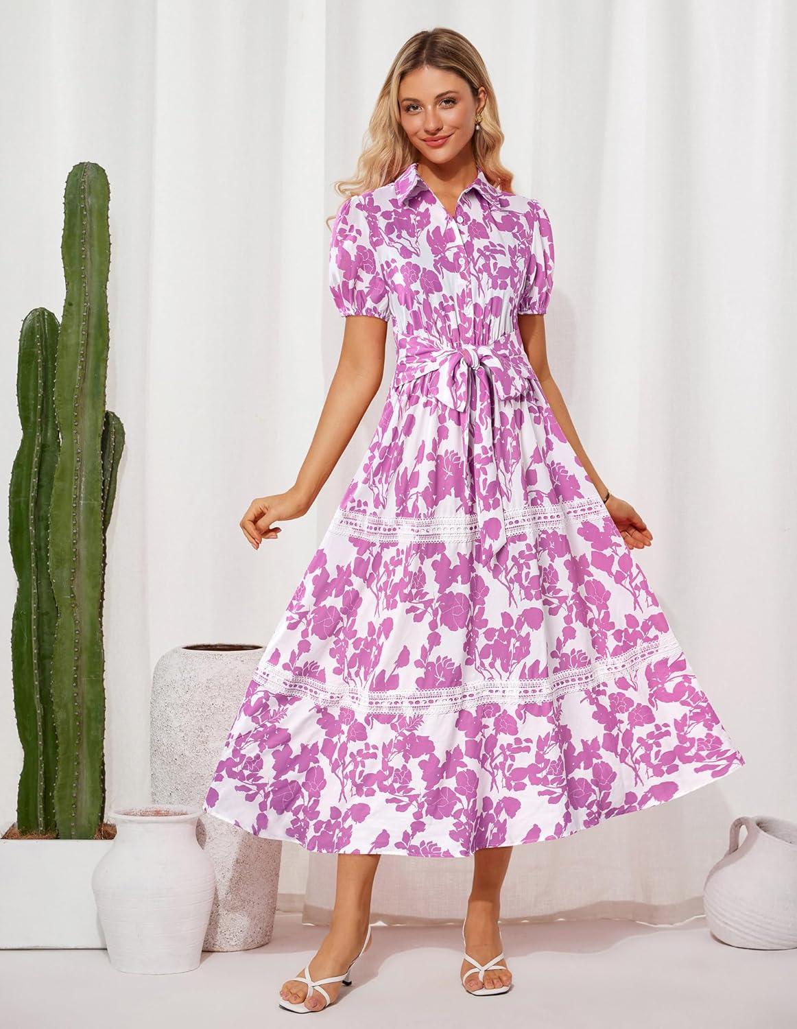 imageGRACE KARIN Womens 2026 Summer Floral Flowy Dresses Boho Tie Belt Short Puff Sleeve A Line Maxi Shirt Dress with PocketWhite Purple