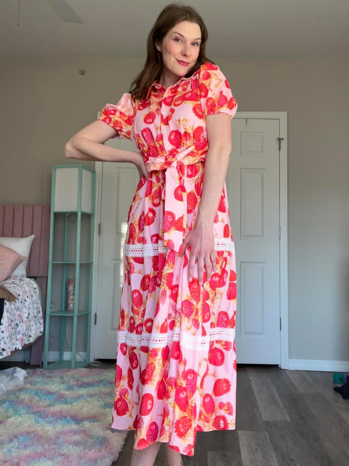 imageGRACE KARIN Womens 2026 Summer Floral Flowy Dresses Boho Tie Belt Short Puff Sleeve A Line Maxi Shirt Dress with PocketWhite Red