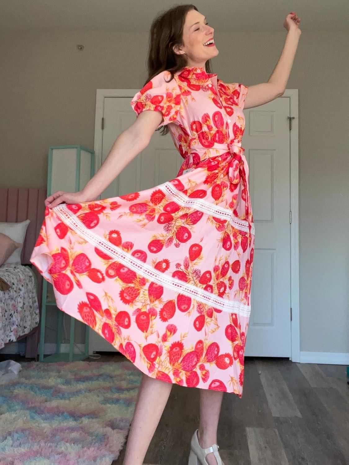 imageGRACE KARIN Womens 2026 Summer Floral Flowy Dresses Boho Tie Belt Short Puff Sleeve A Line Maxi Shirt Dress with PocketWhite Red