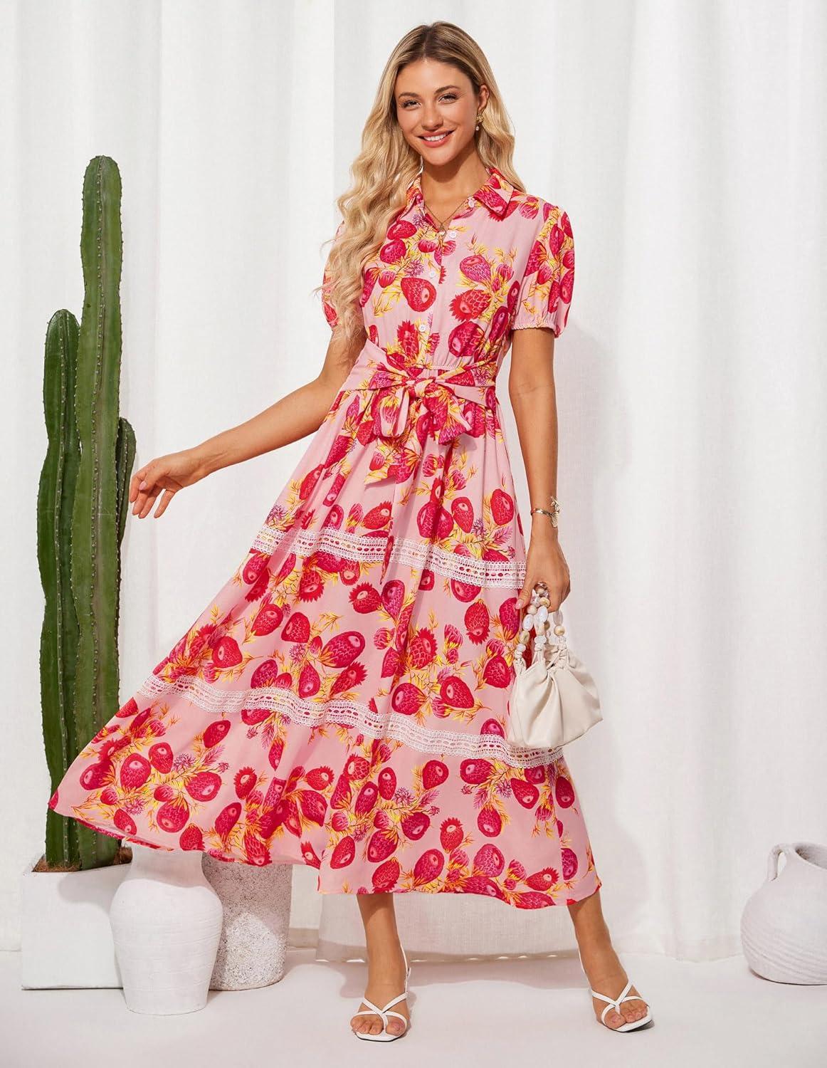 imageGRACE KARIN Womens 2026 Summer Floral Flowy Dresses Boho Tie Belt Short Puff Sleeve A Line Maxi Shirt Dress with PocketWhite Red