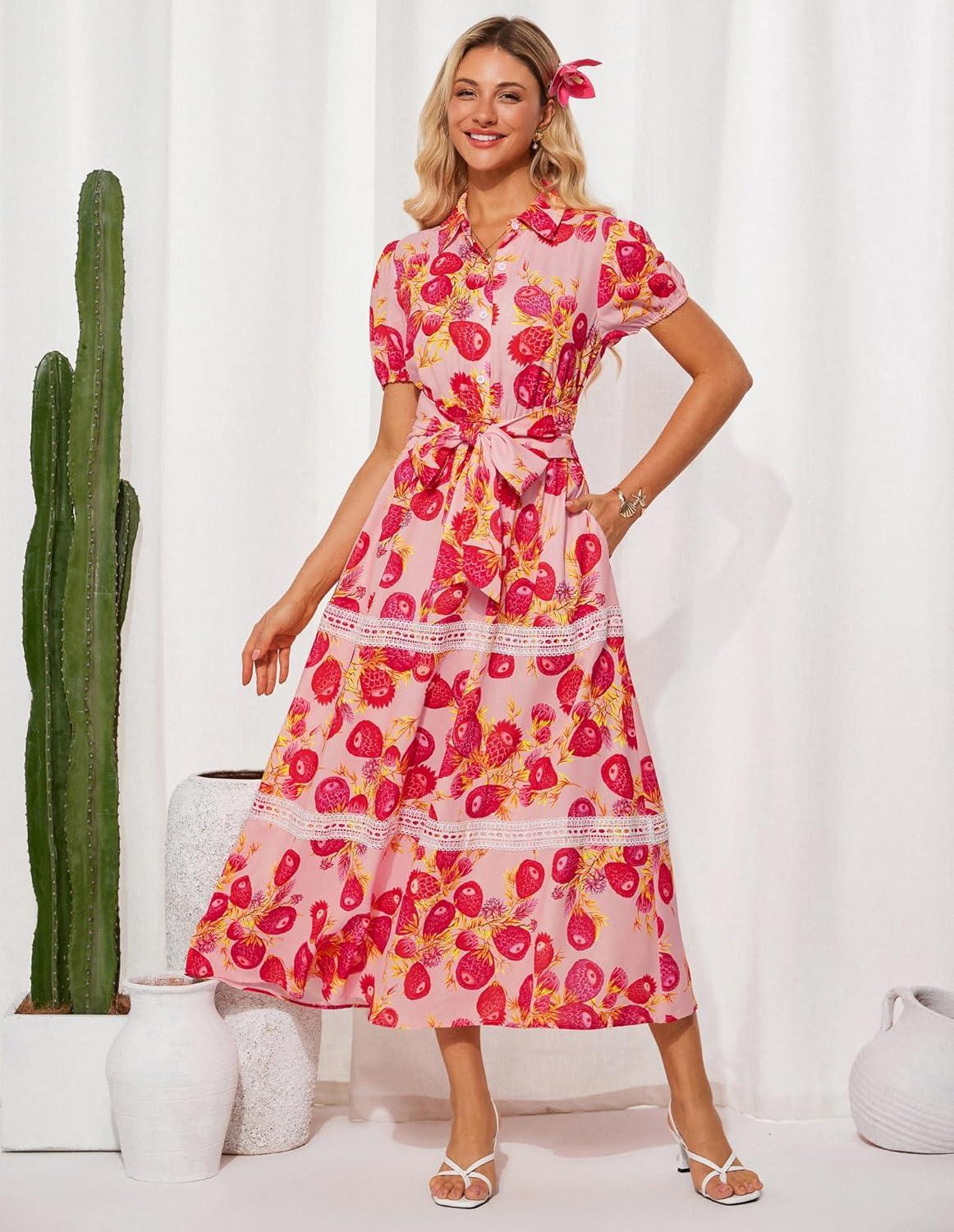 imageGRACE KARIN Womens 2026 Summer Floral Flowy Dresses Boho Tie Belt Short Puff Sleeve A Line Maxi Shirt Dress with PocketWhite Red