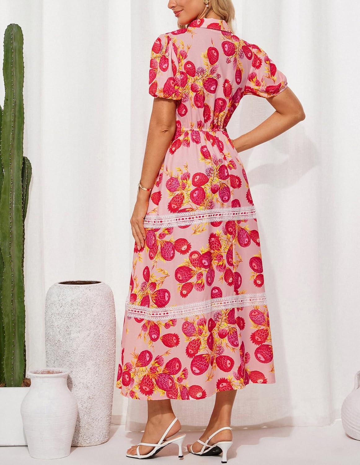 imageGRACE KARIN Womens 2026 Summer Floral Flowy Dresses Boho Tie Belt Short Puff Sleeve A Line Maxi Shirt Dress with PocketWhite Red