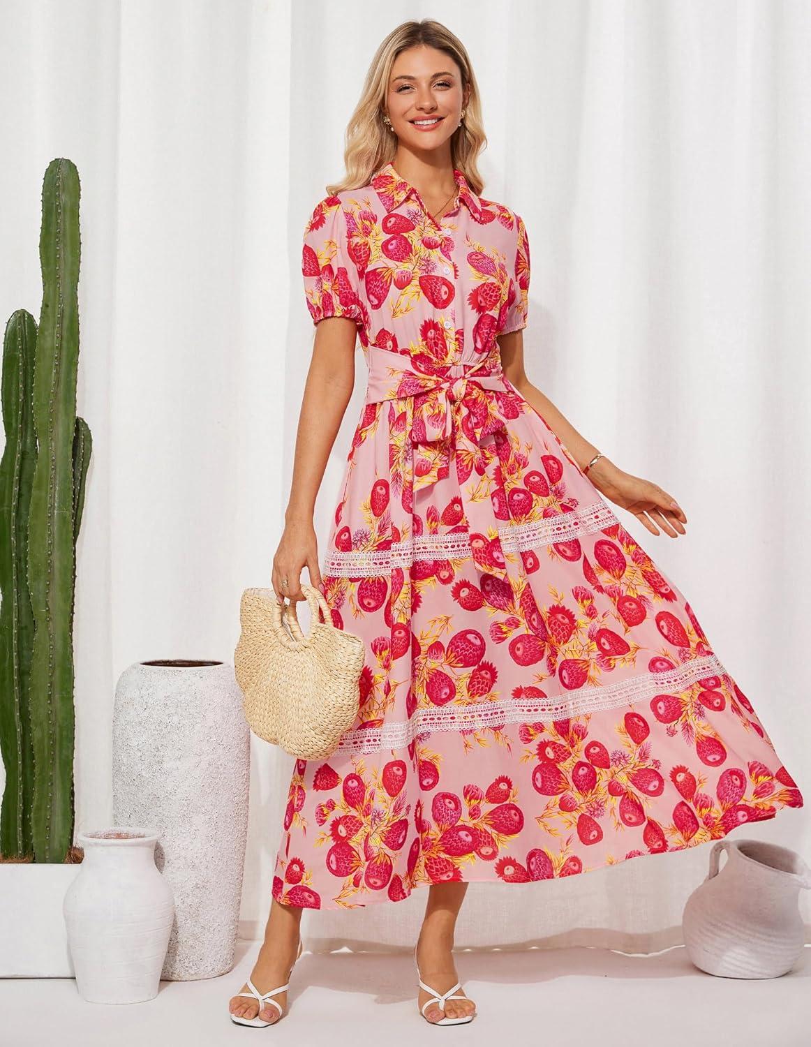 imageGRACE KARIN Womens 2026 Summer Floral Flowy Dresses Boho Tie Belt Short Puff Sleeve A Line Maxi Shirt Dress with PocketWhite Red