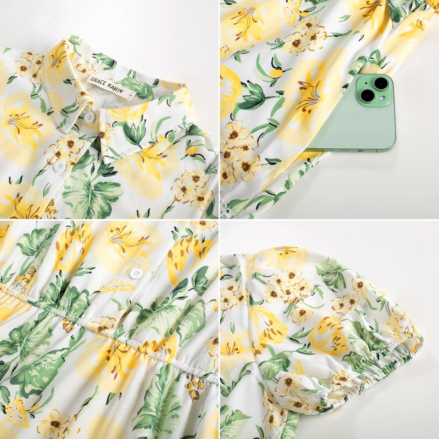 imageGRACE KARIN Womens 2026 Summer Floral Flowy Dresses Boho Tie Belt Short Puff Sleeve A Line Maxi Shirt Dress with PocketYellow Green