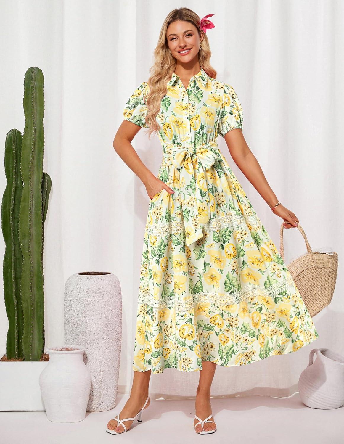 imageGRACE KARIN Womens 2026 Summer Floral Flowy Dresses Boho Tie Belt Short Puff Sleeve A Line Maxi Shirt Dress with PocketYellow Green