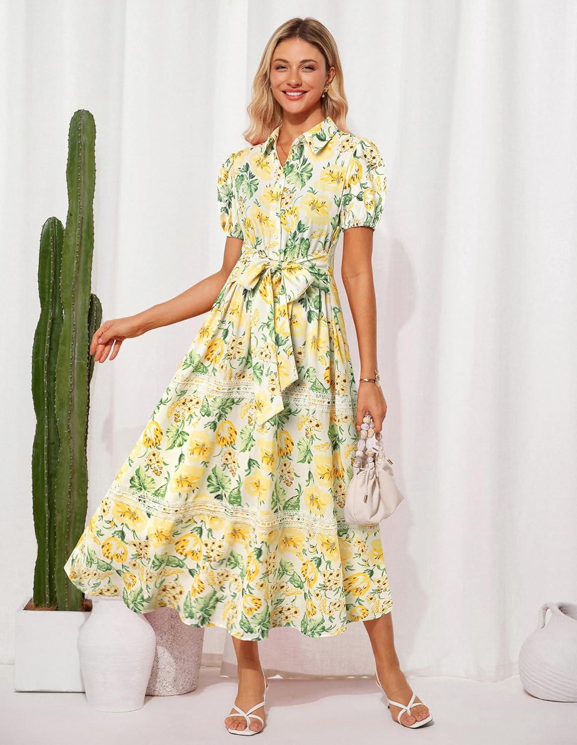 imageGRACE KARIN Womens 2026 Summer Floral Flowy Dresses Boho Tie Belt Short Puff Sleeve A Line Maxi Shirt Dress with PocketYellow Green