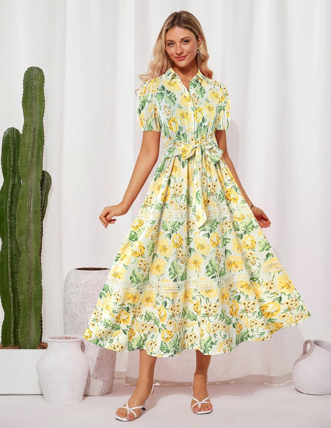 imageGRACE KARIN Womens 2026 Summer Floral Flowy Dresses Boho Tie Belt Short Puff Sleeve A Line Maxi Shirt Dress with PocketYellow Green