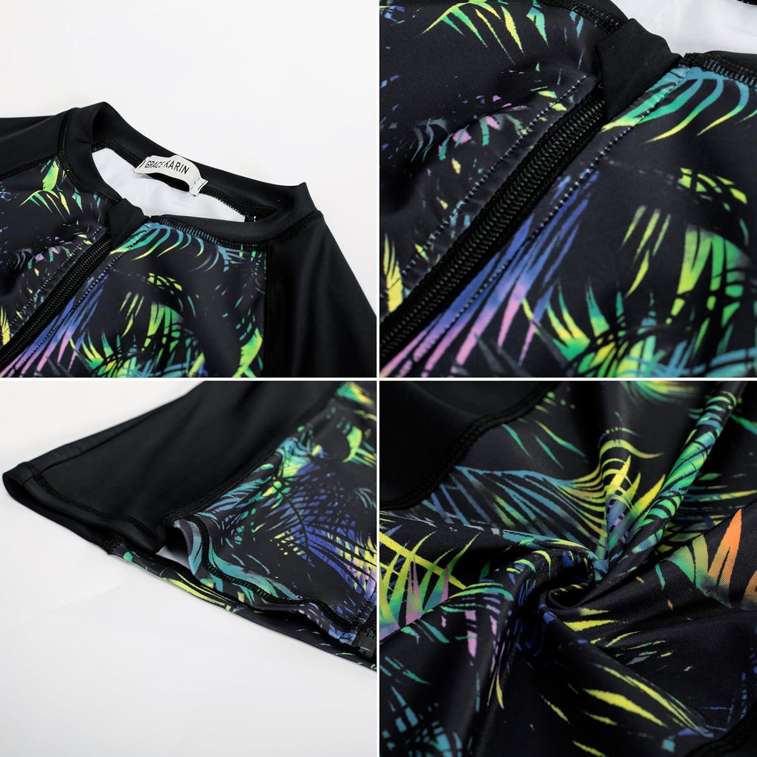imageGRACE KARIN Womens 3 Piece Rash Guard Builtin Bra Long Sleeve UV Sun Protection Swimsuit Zip up Swim Top Shirt ModestBlack