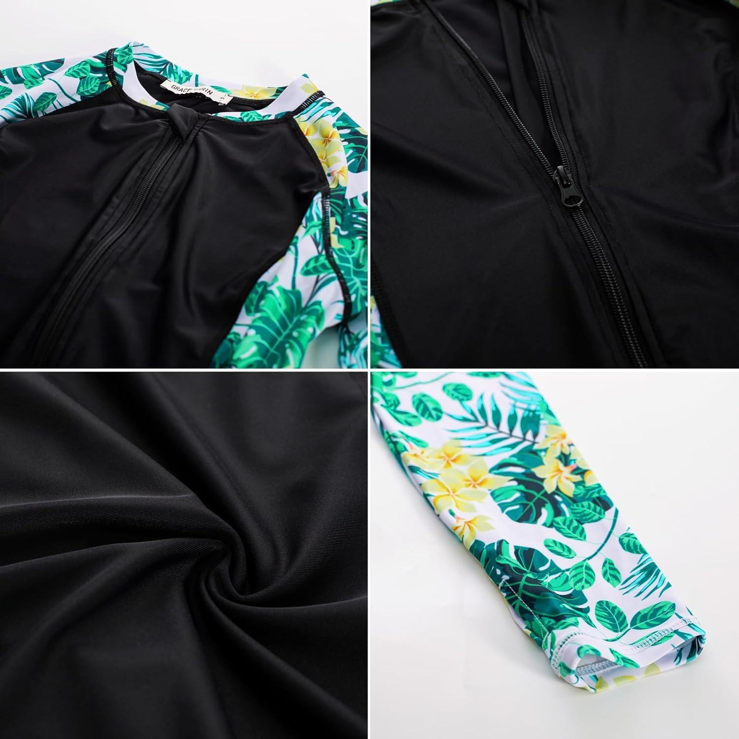 imageGRACE KARIN Womens 3 Piece Rash Guard Builtin Bra Long Sleeve UV Sun Protection Swimsuit Zip up Swim Top Shirt ModestBlack3