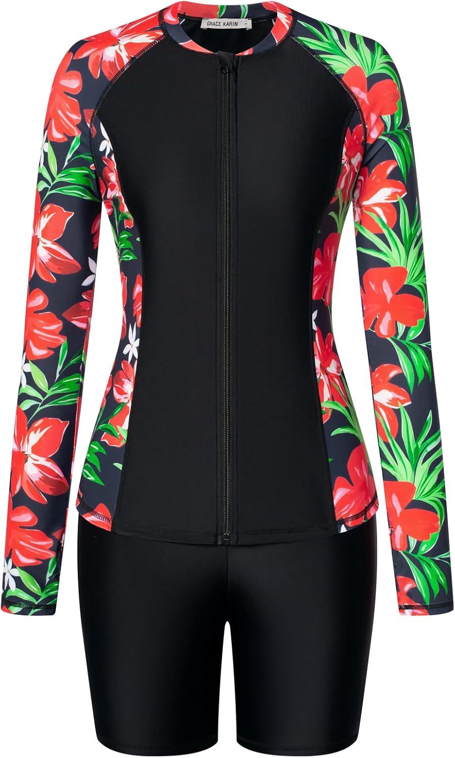 imageGRACE KARIN Womens 3 Piece Rash Guard Builtin Bra Long Sleeve UV Sun Protection Swimsuit Zip up Swim Top Shirt ModestBlack4