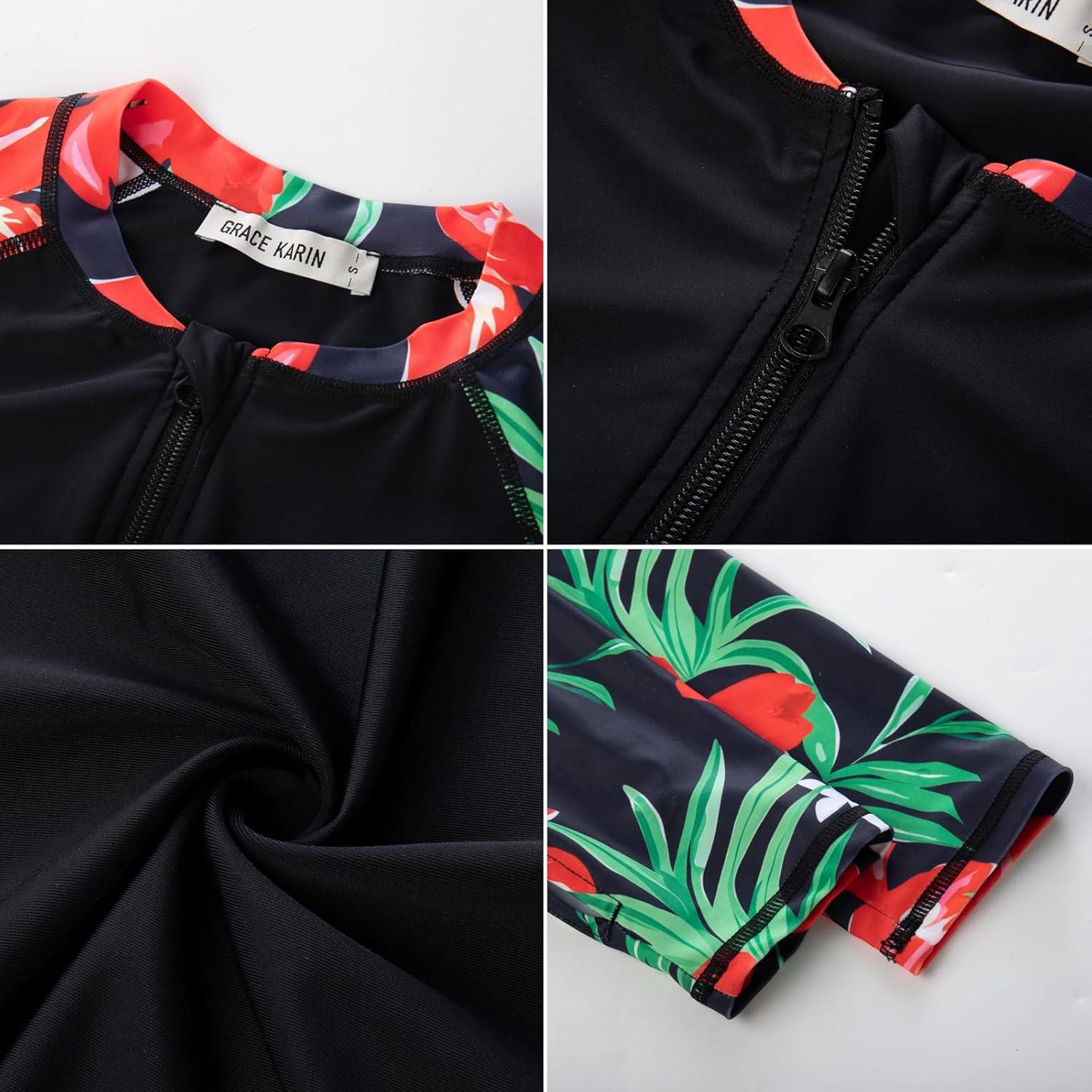 imageGRACE KARIN Womens 3 Piece Rash Guard Builtin Bra Long Sleeve UV Sun Protection Swimsuit Zip up Swim Top Shirt ModestBlack4