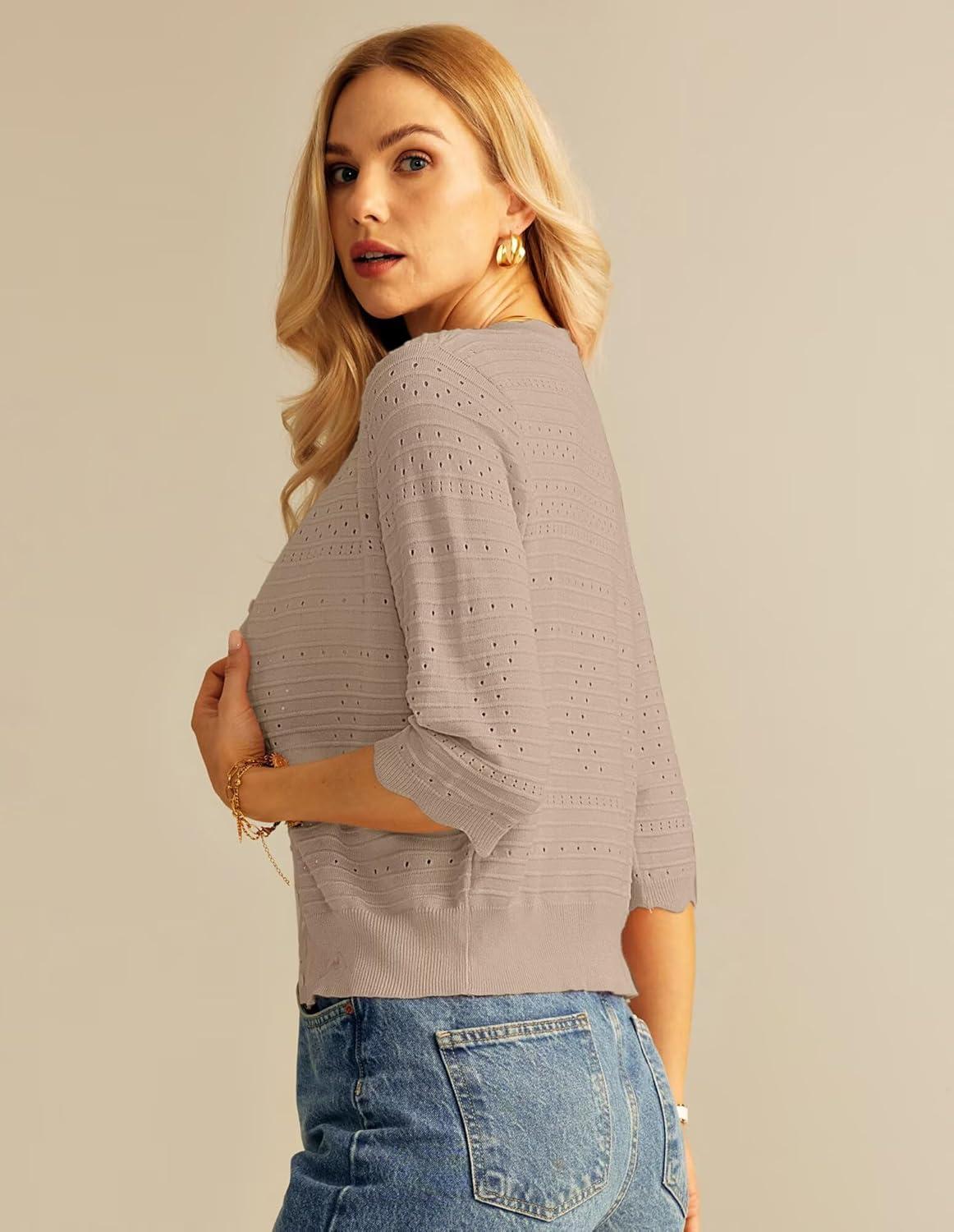 imageGRACE KARIN Womens 34 Sleeve Cardigan Lightweight Crochet Knit Sweater Button up Crewneck Dressy Casual Shrugs02 Khaki