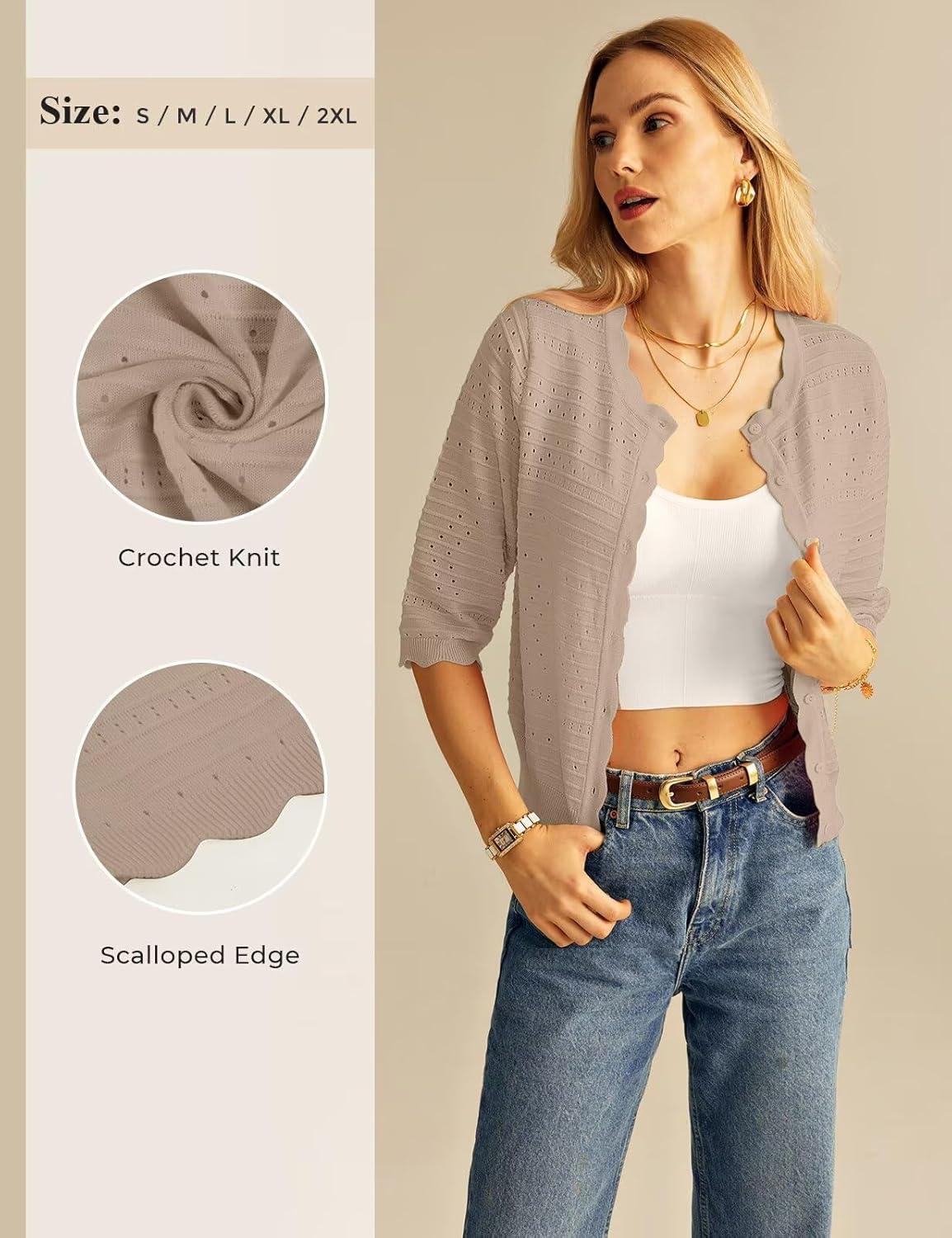 imageGRACE KARIN Womens 34 Sleeve Cardigan Lightweight Crochet Knit Sweater Button up Crewneck Dressy Casual Shrugs02 Khaki