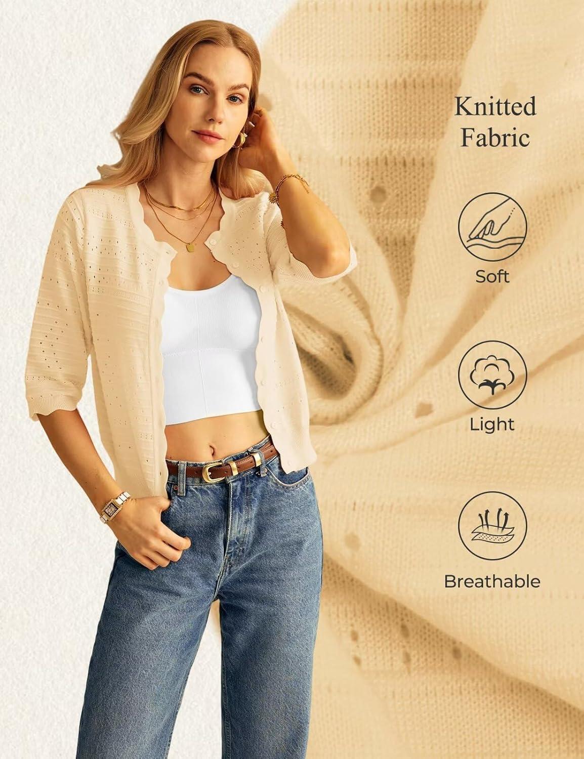 imageGRACE KARIN Womens 34 Sleeve Cardigan Lightweight Crochet Knit Sweater Button up Crewneck Dressy Casual ShrugsApricot