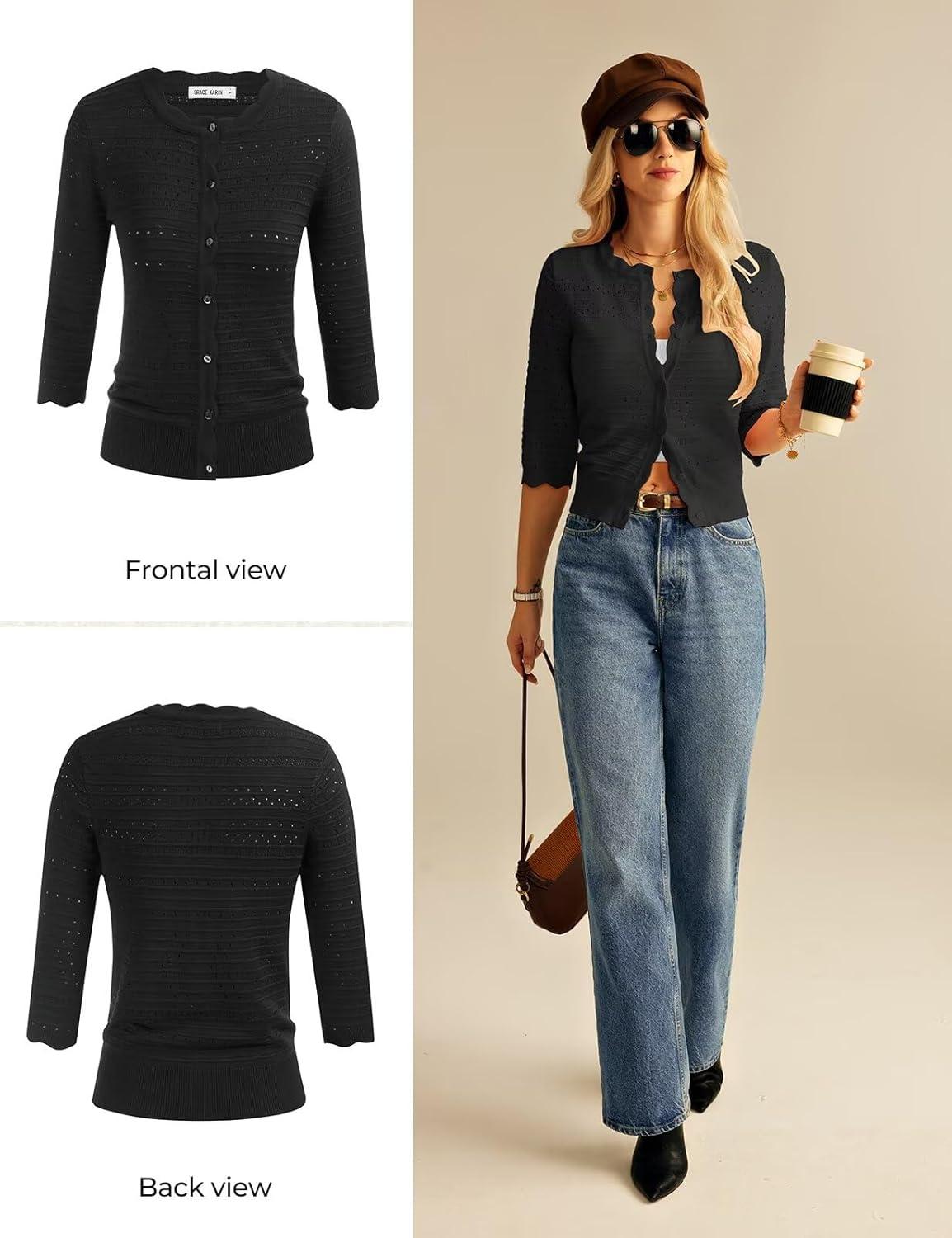 imageGRACE KARIN Womens 34 Sleeve Cardigan Lightweight Crochet Knit Sweater Button up Crewneck Dressy Casual ShrugsBlack