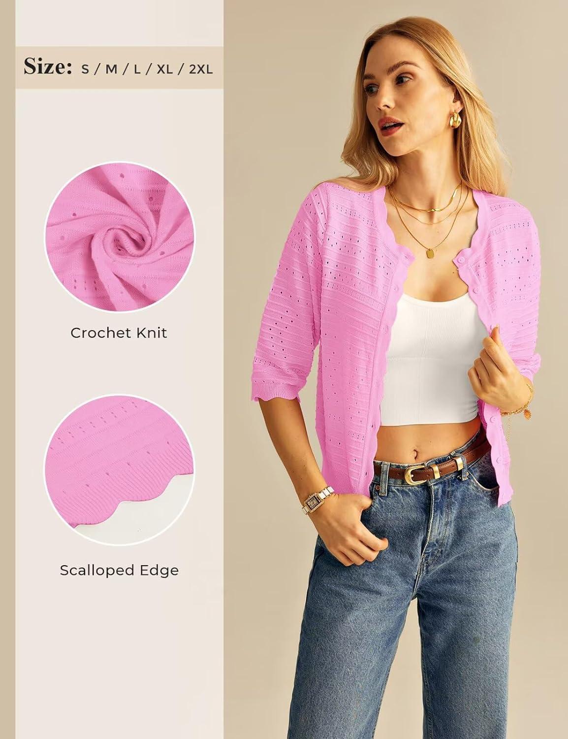 imageGRACE KARIN Womens 34 Sleeve Cardigan Lightweight Crochet Knit Sweater Button up Crewneck Dressy Casual ShrugsBright Pink