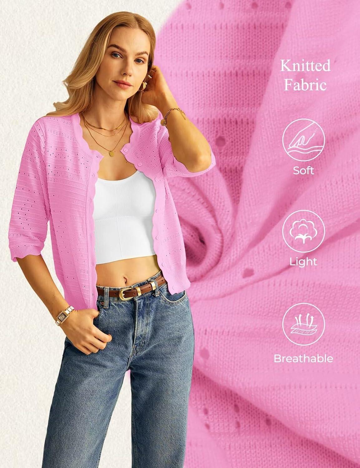 imageGRACE KARIN Womens 34 Sleeve Cardigan Lightweight Crochet Knit Sweater Button up Crewneck Dressy Casual ShrugsBright Pink