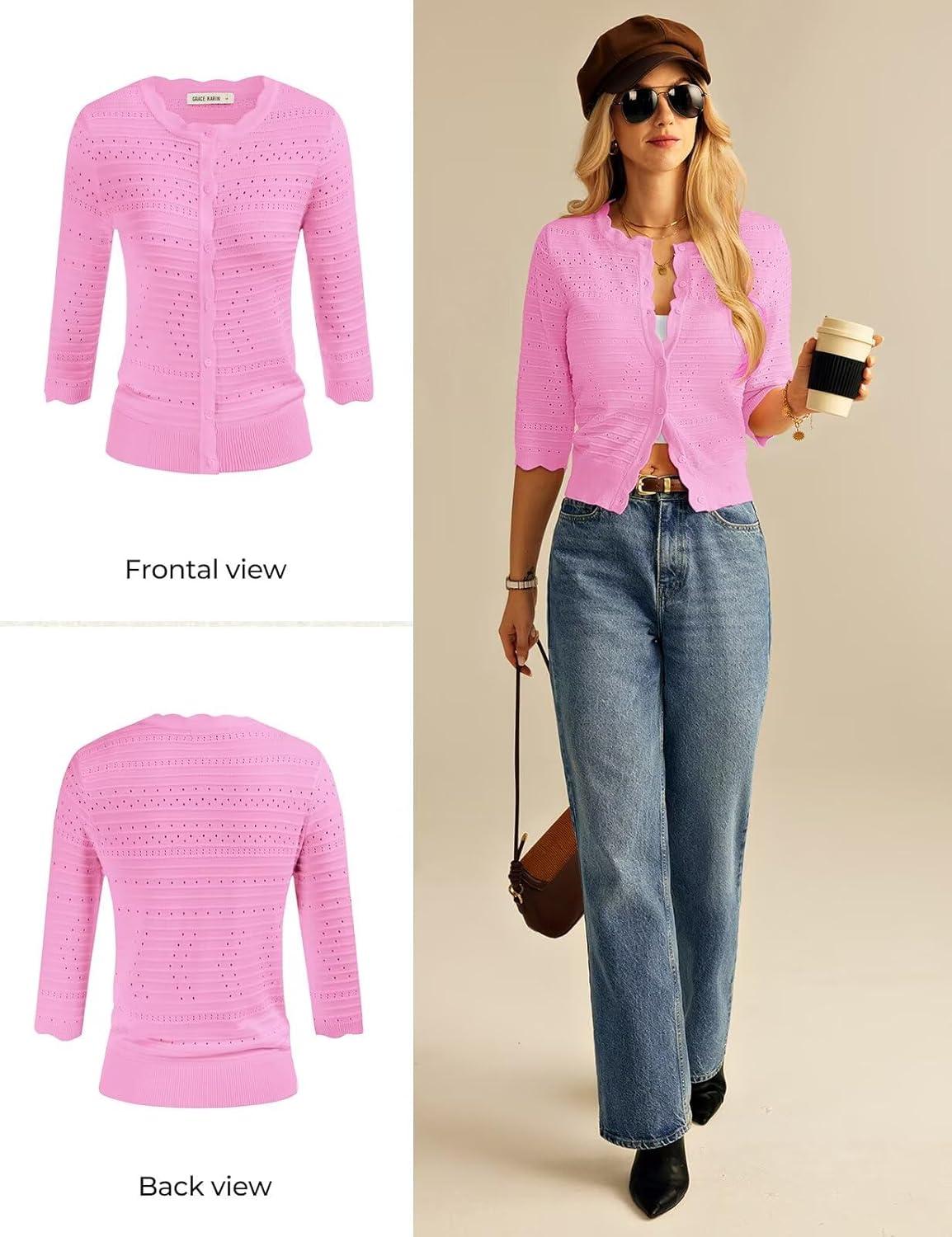 imageGRACE KARIN Womens 34 Sleeve Cardigan Lightweight Crochet Knit Sweater Button up Crewneck Dressy Casual ShrugsBright Pink