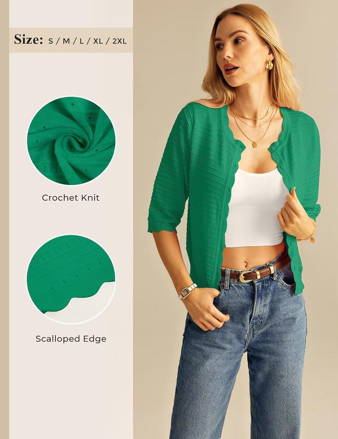 imageGRACE KARIN Womens 34 Sleeve Cardigan Lightweight Crochet Knit Sweater Button up Crewneck Dressy Casual ShrugsGreen