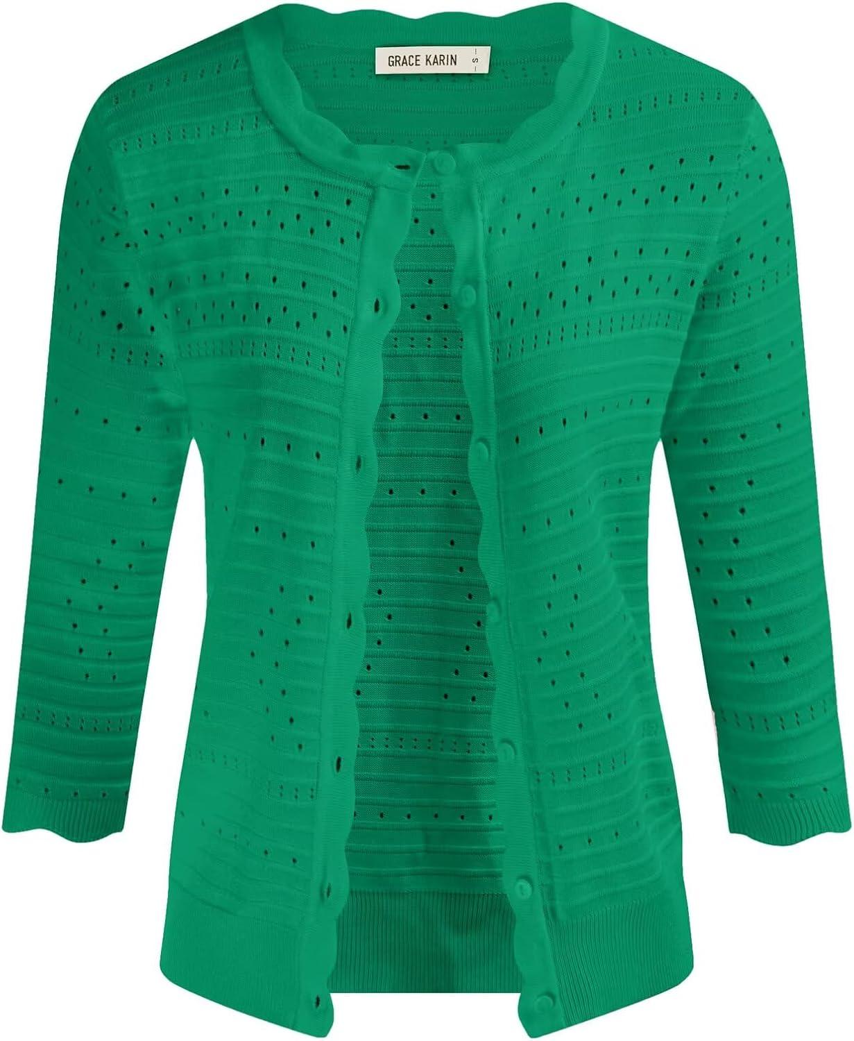 imageGRACE KARIN Womens 34 Sleeve Cardigan Lightweight Crochet Knit Sweater Button up Crewneck Dressy Casual ShrugsGreen