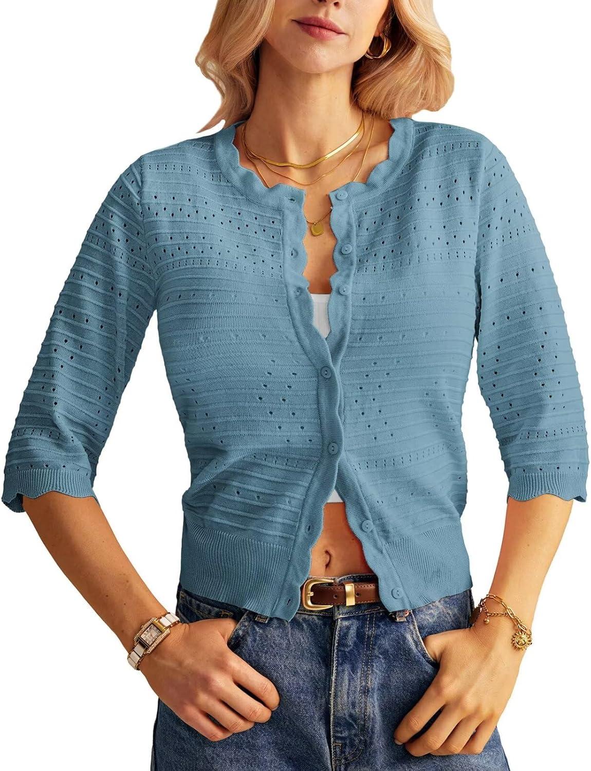 imageGRACE KARIN Womens 34 Sleeve Cardigan Lightweight Crochet Knit Sweater Button up Crewneck Dressy Casual ShrugsLight Blue