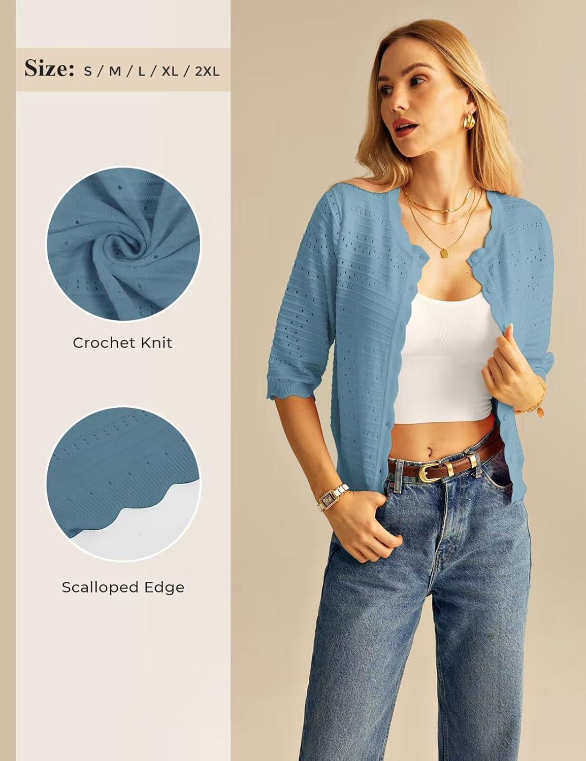 imageGRACE KARIN Womens 34 Sleeve Cardigan Lightweight Crochet Knit Sweater Button up Crewneck Dressy Casual ShrugsLight Blue
