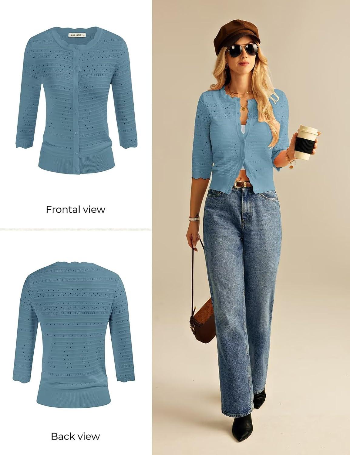 imageGRACE KARIN Womens 34 Sleeve Cardigan Lightweight Crochet Knit Sweater Button up Crewneck Dressy Casual ShrugsLight Blue