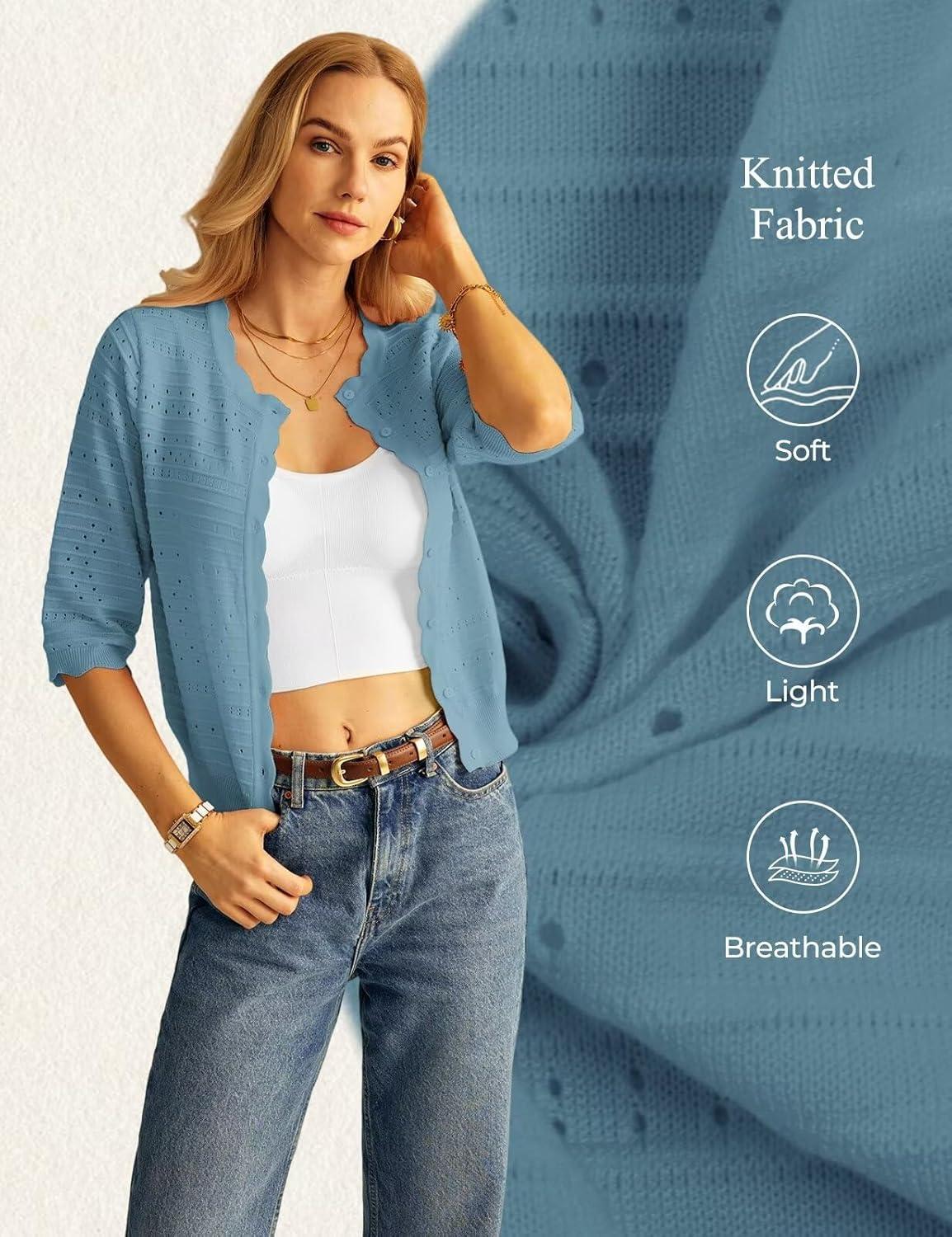 imageGRACE KARIN Womens 34 Sleeve Cardigan Lightweight Crochet Knit Sweater Button up Crewneck Dressy Casual ShrugsLight Blue