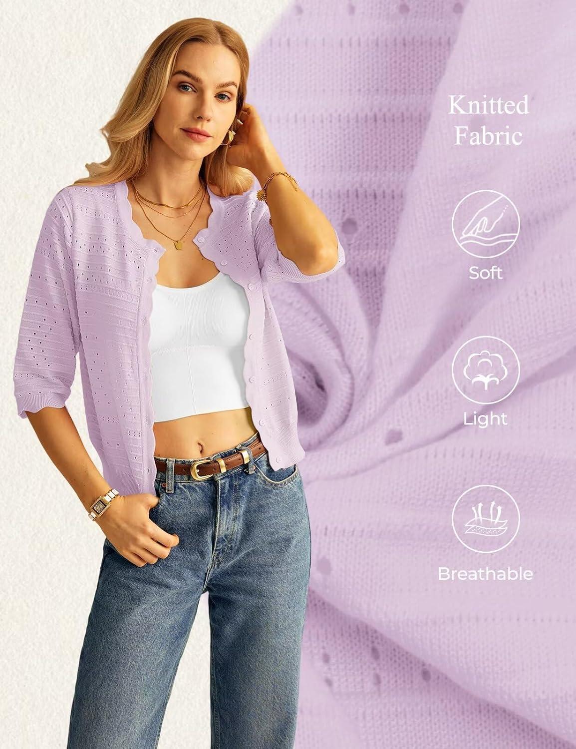 imageGRACE KARIN Womens 34 Sleeve Cardigan Lightweight Crochet Knit Sweater Button up Crewneck Dressy Casual ShrugsLight Purple
