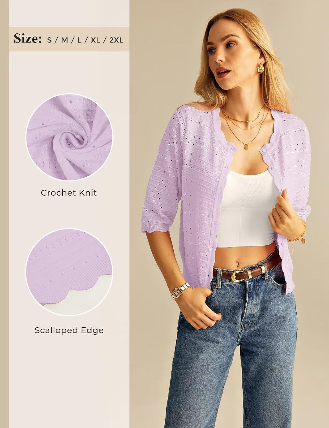 imageGRACE KARIN Womens 34 Sleeve Cardigan Lightweight Crochet Knit Sweater Button up Crewneck Dressy Casual ShrugsLight Purple