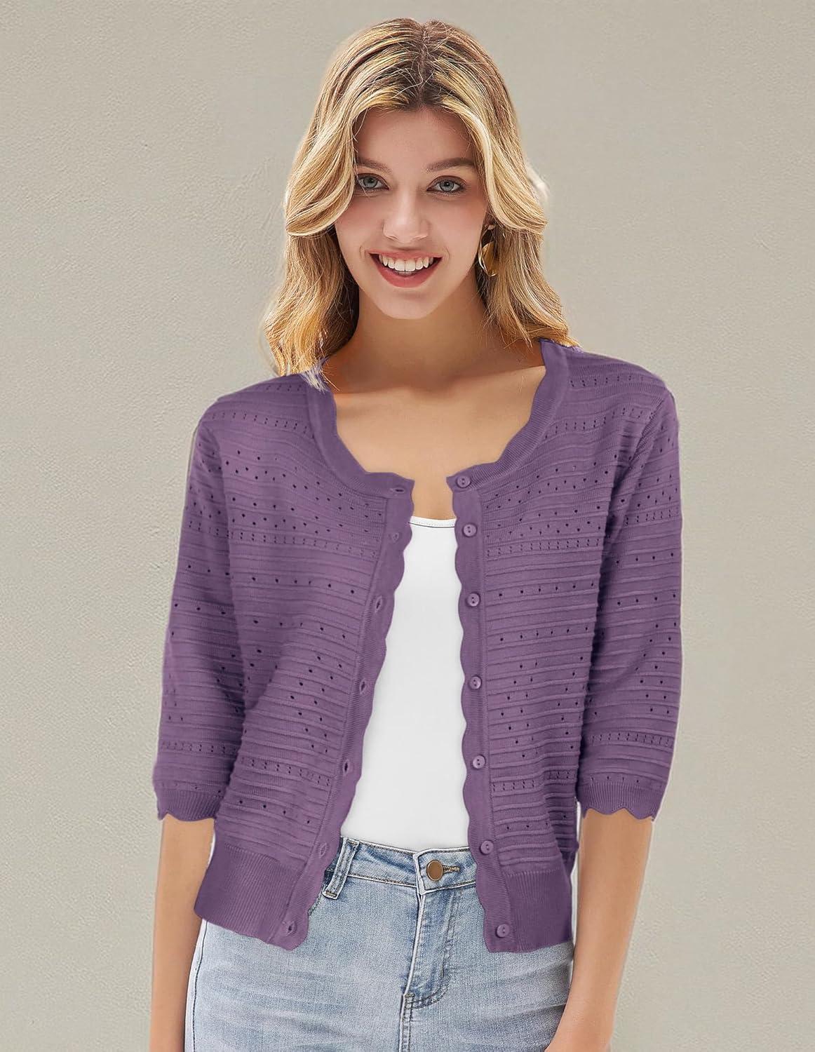 imageGRACE KARIN Womens 34 Sleeve Cardigan Lightweight Crochet Knit Sweater Button up Crewneck Dressy Casual ShrugsPurple