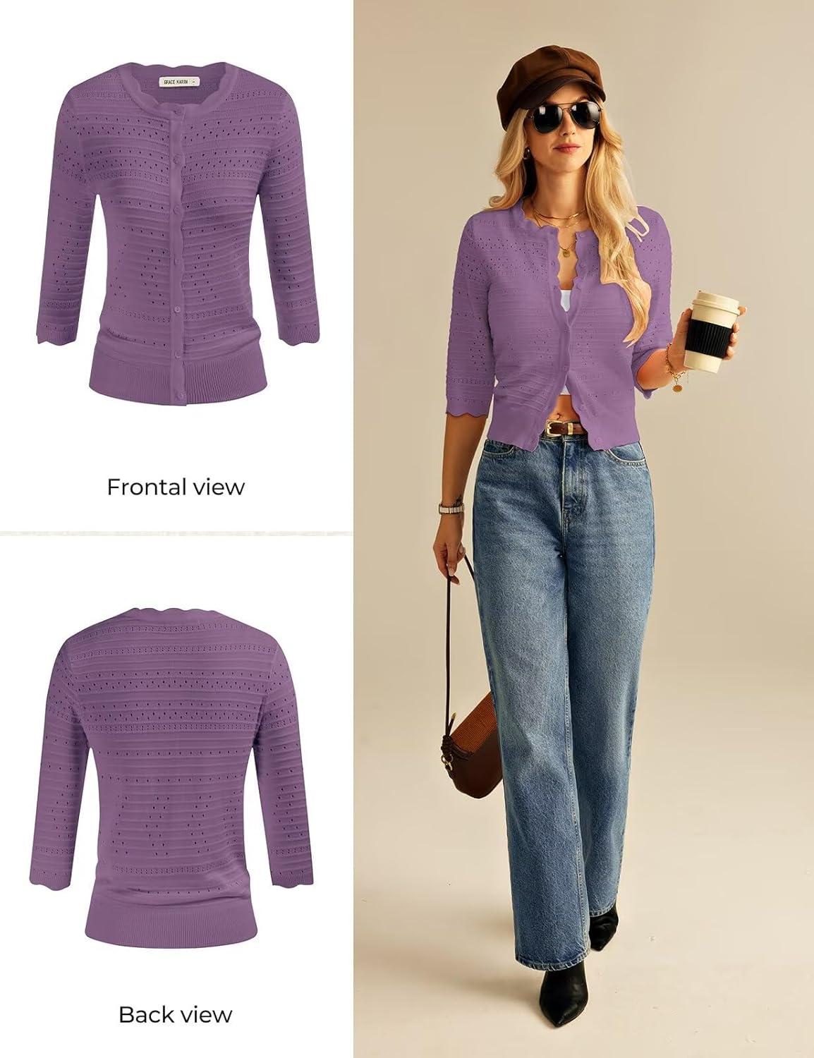 imageGRACE KARIN Womens 34 Sleeve Cardigan Lightweight Crochet Knit Sweater Button up Crewneck Dressy Casual ShrugsPurple
