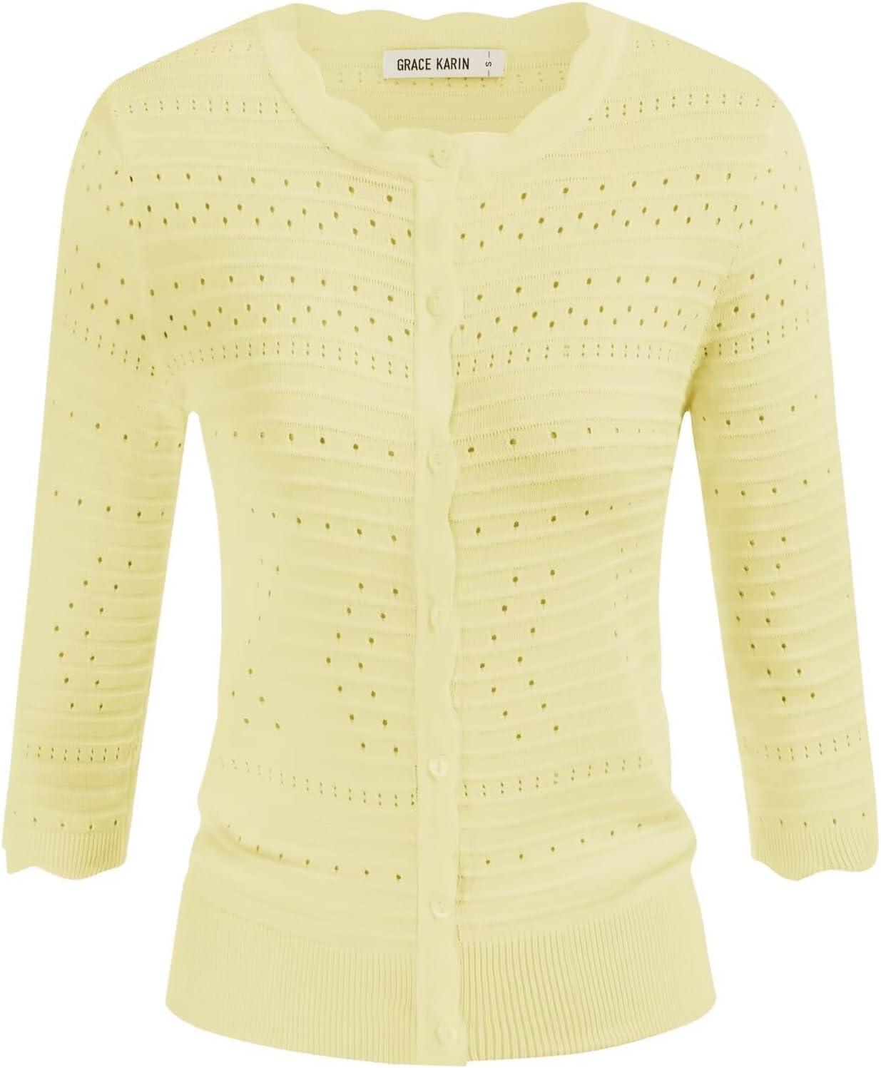 imageGRACE KARIN Womens 34 Sleeve Cardigan Lightweight Crochet Knit Sweater Button up Crewneck Dressy Casual ShrugsYellow