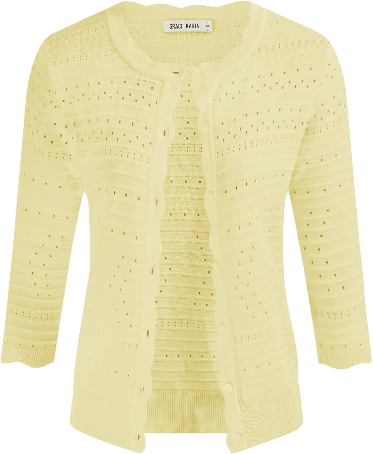 imageGRACE KARIN Womens 34 Sleeve Cardigan Lightweight Crochet Knit Sweater Button up Crewneck Dressy Casual ShrugsYellow