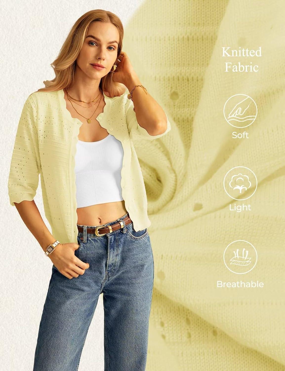 imageGRACE KARIN Womens 34 Sleeve Cardigan Lightweight Crochet Knit Sweater Button up Crewneck Dressy Casual ShrugsYellow